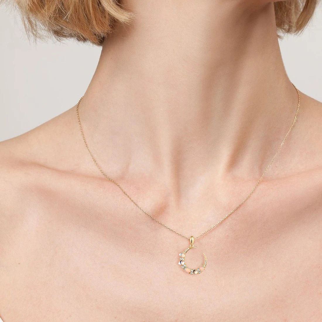 VISTOSO Genuine 14K 585 Yellow Gold Pendant for Women Sparkling Opal Blue Moonstone White Topaz Diamond Delicate Fine Jewelry