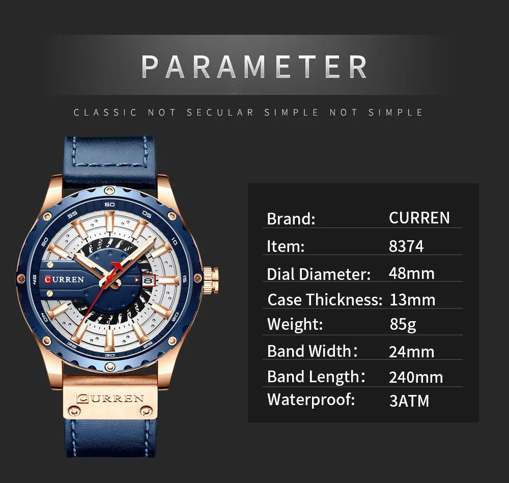 CURREN Mens Watches Top Brand Luxury Casual Quartz Leather Wristwatches Business Male Clock with Date and Luminous hands