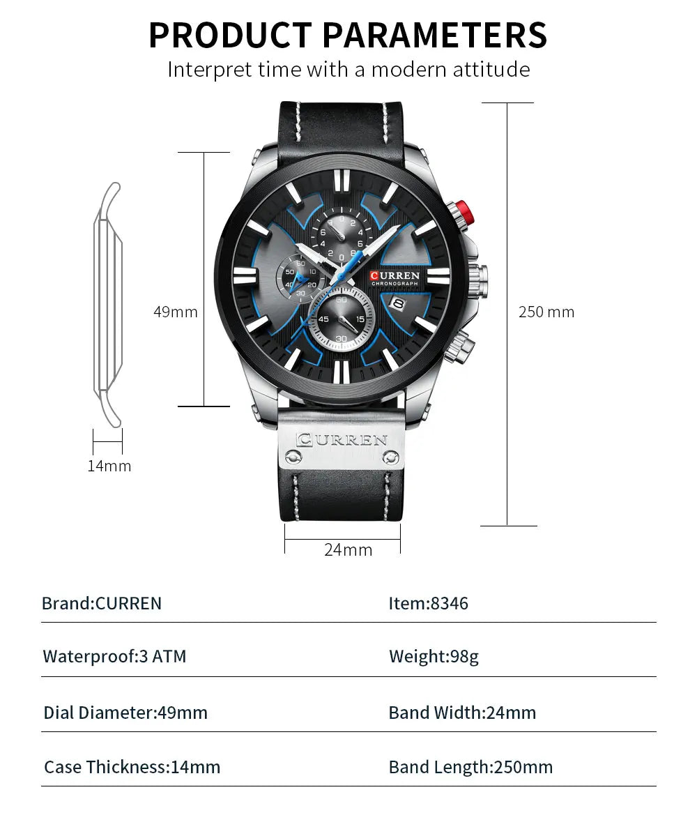 CURREN Brand Chronograph Sports Men's Watch Quartz Clock Leather Men's Luminous Watch Calendar Clock Relogio Masculino
