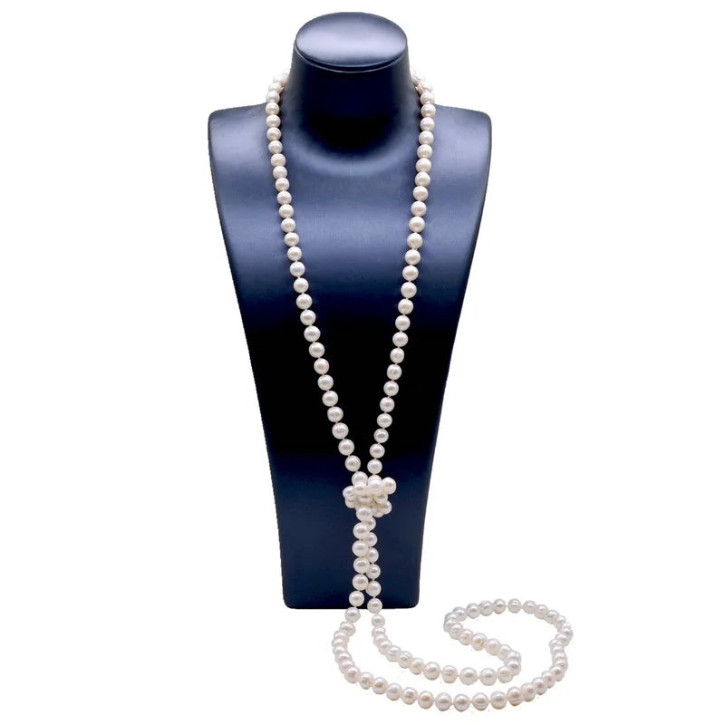Pearl Long Necklace Natural Freshwater White Pearl Long Sweater Chain Engagement Dress Necklace Women Long Necklace