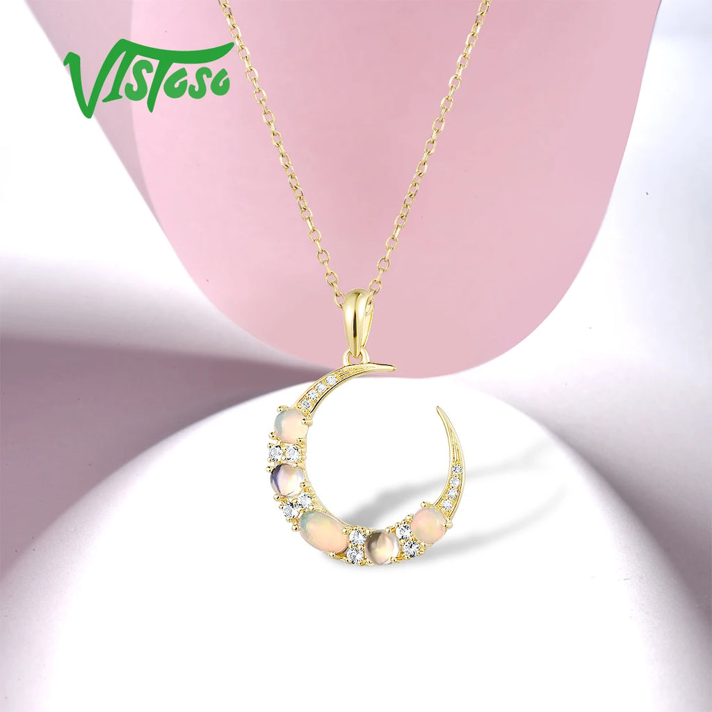 VISTOSO Genuine 14K 585 Yellow Gold Pendant for Women Sparkling Opal Blue Moonstone White Topaz Diamond Delicate Fine Jewelry