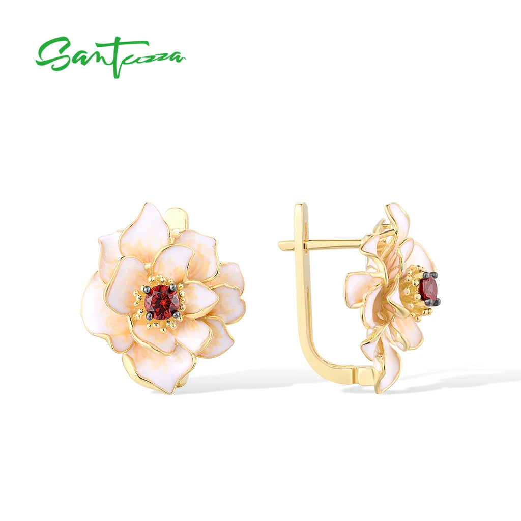 SANTUZZA Genuine 925 Sterling Silver Earrings For Women White Black Flower Garnet Wedding Party Fine Jewelry Handmade Enamel