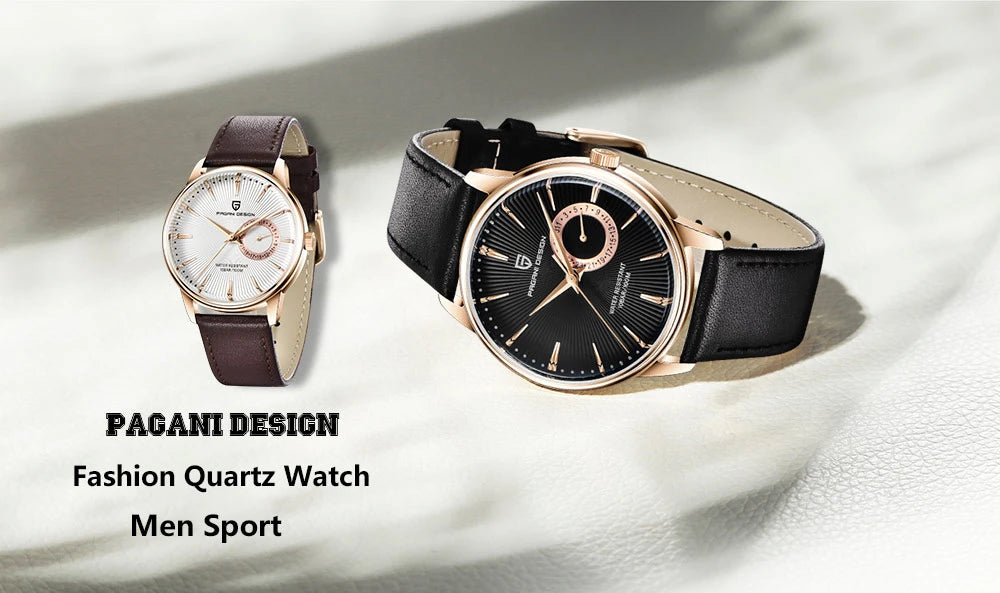 PAGNI DESIGN Mens Quartz Watches Mens Fashion Business Clock Waterproof Leather Sports Watch Men Luxury Brand Gold Wristwatches
