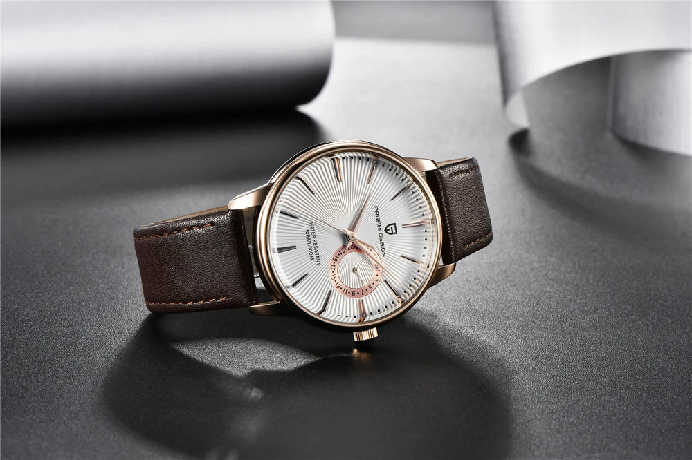 PAGNI DESIGN Mens Quartz Watches Mens Fashion Business Clock Waterproof Leather Sports Watch Men Luxury Brand Gold Wristwatches