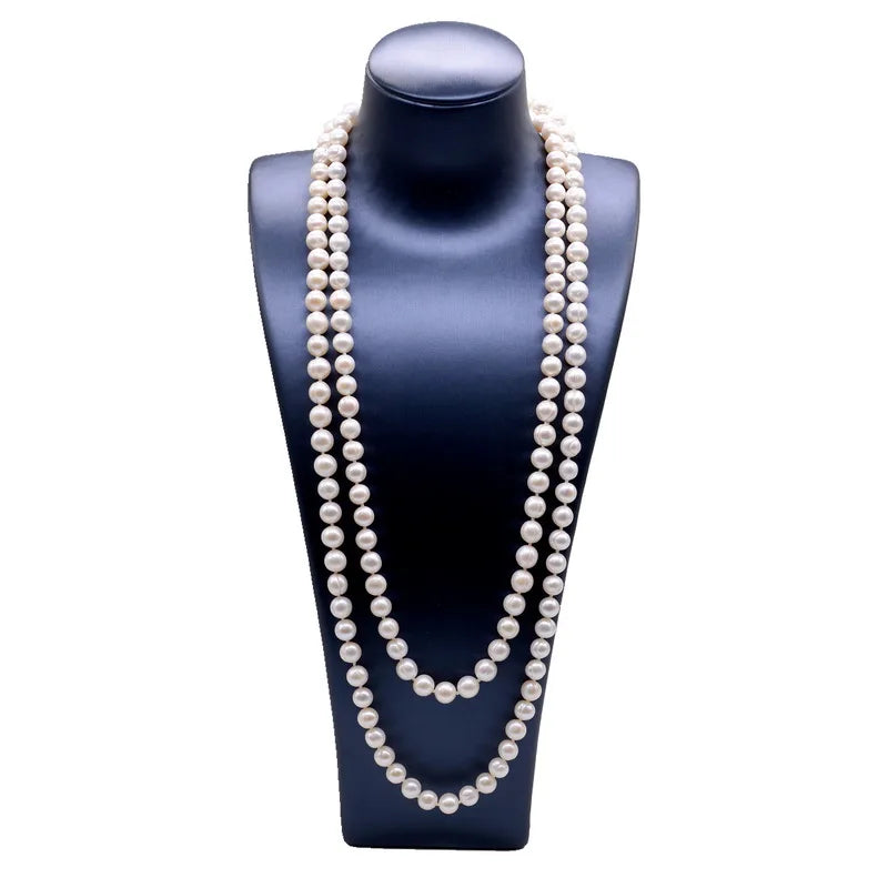 Pearl Long Necklace Natural Freshwater White Pearl Long Sweater Chain Engagement Dress Necklace Women Long Necklace