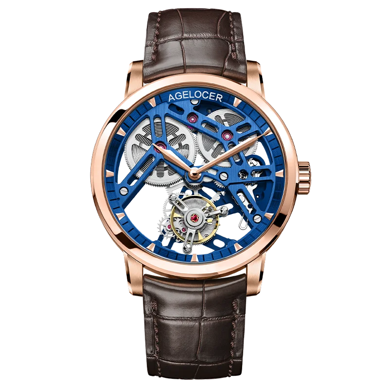 AGELOCER Original Tourbillon Watch Fashion Men's Business Formal Luxury Skeleton Manual Mechanical Watch Birthday Gift for Men