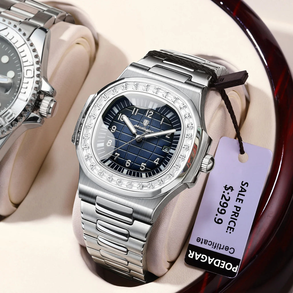 POEDAGAR Luxury Square Watches for Men Waterproof Luminous Date Man Wristwatch Stainless Steel Fashion Men's Quartz Watch Reloj