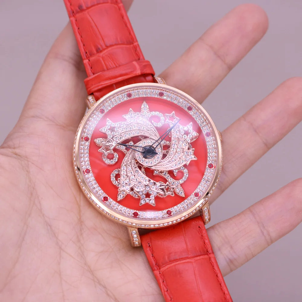 Davena Lady Women's Watch Spin Crystal Rhinestones Hours Fashion Real Leather Bracelet Luxury Girl's Birthday Gift Box