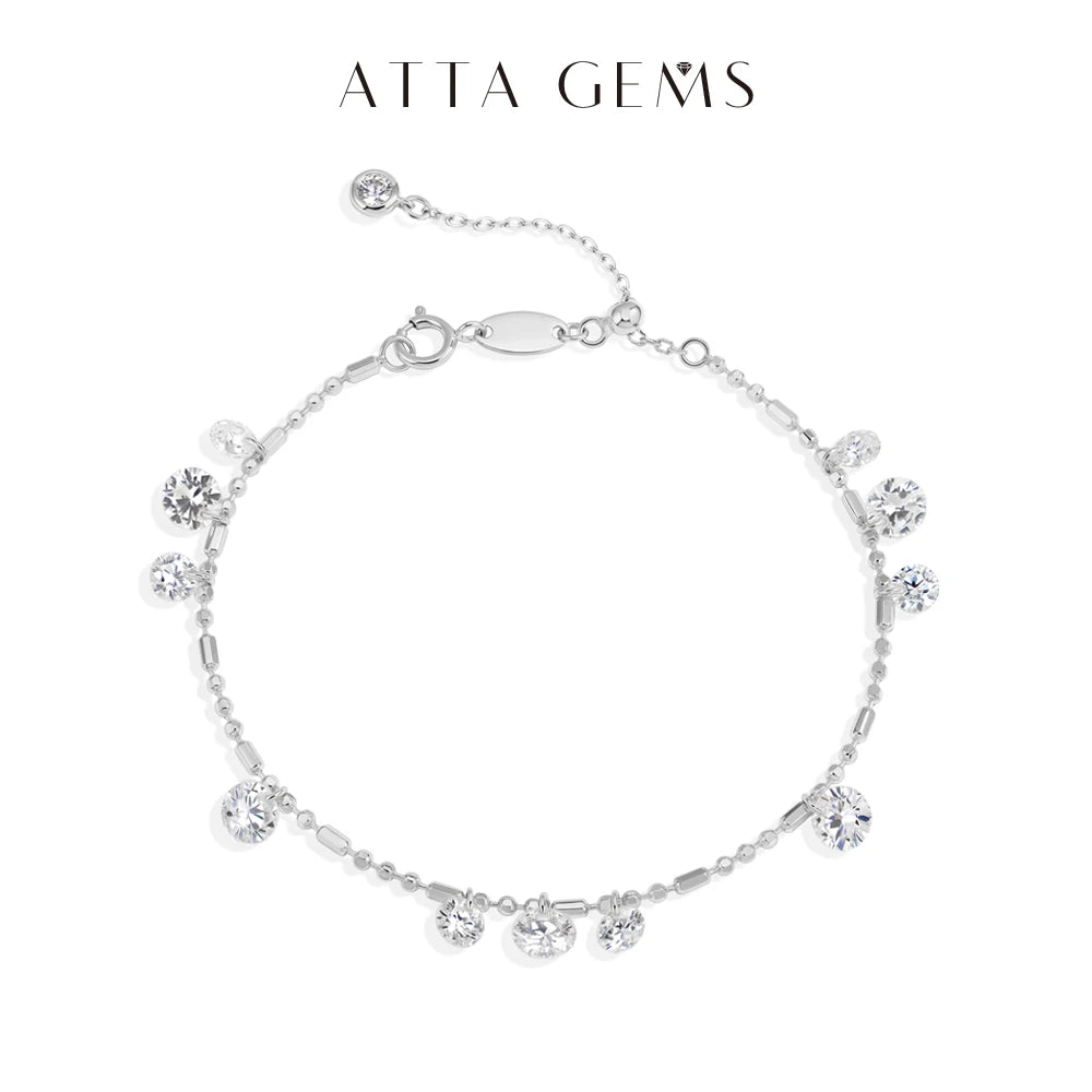 ATTAGEMS Round Cut Drilled Moissanite Bracelets Women S925 Silver Adjustable Beaded Chain Everyday Stackable Jewelry Party Gifts