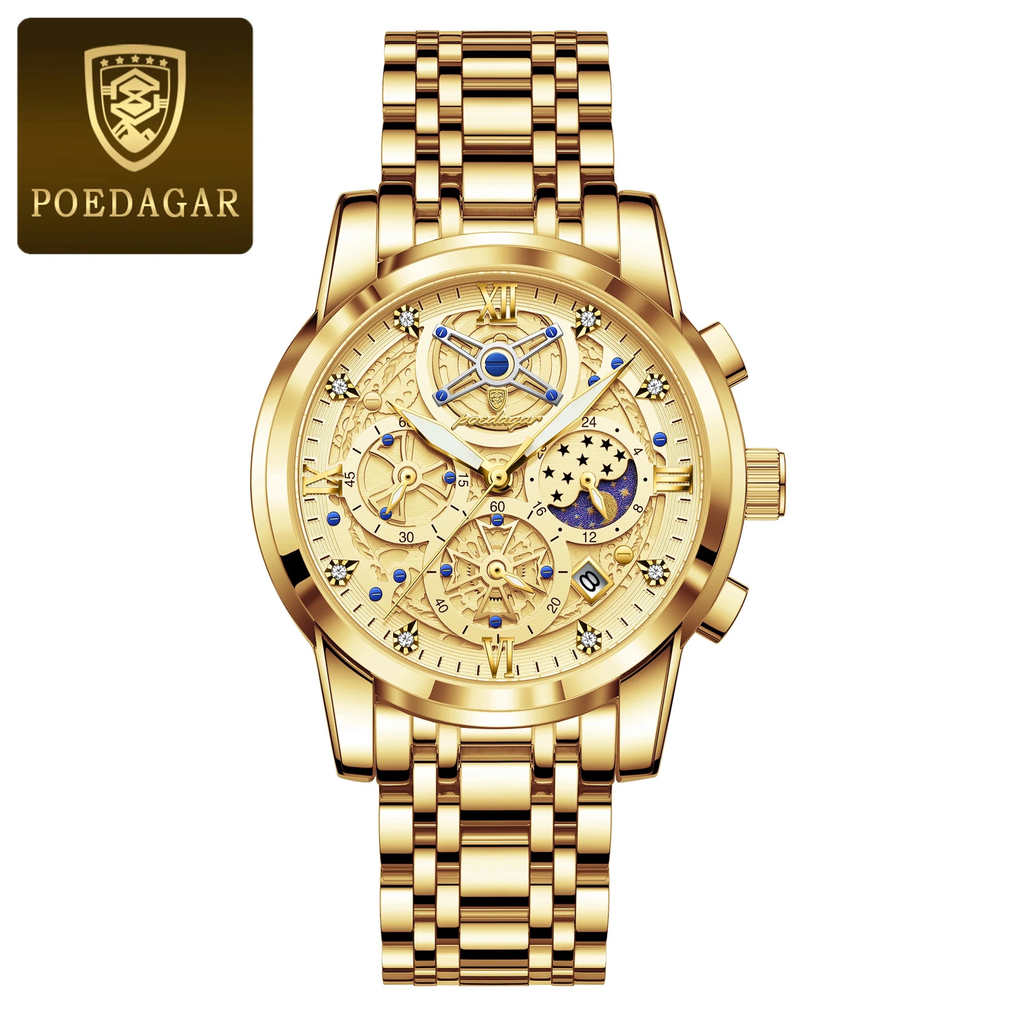 POEDAGAR Luxury Men's Quartz Watches Stainless Steel Date Chronograph Men Wristwatch Waterproof Luminous Fashion Man Watch Reloj