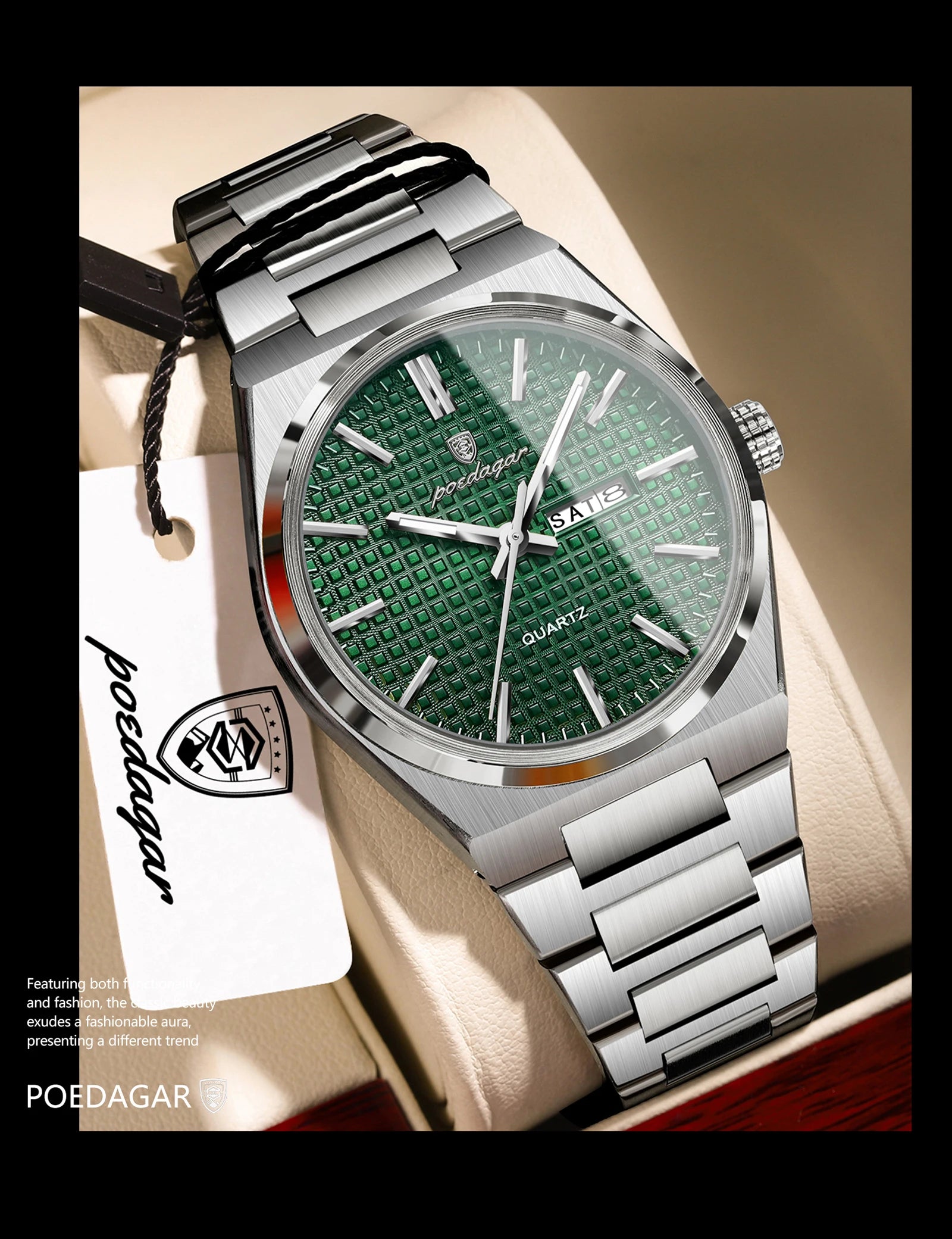 POEDAGAR Top Original Quartz Men Clock Waterproof Luminous Stainless Steel Man Wristwatch Date Week Business Men's Watches Reloj