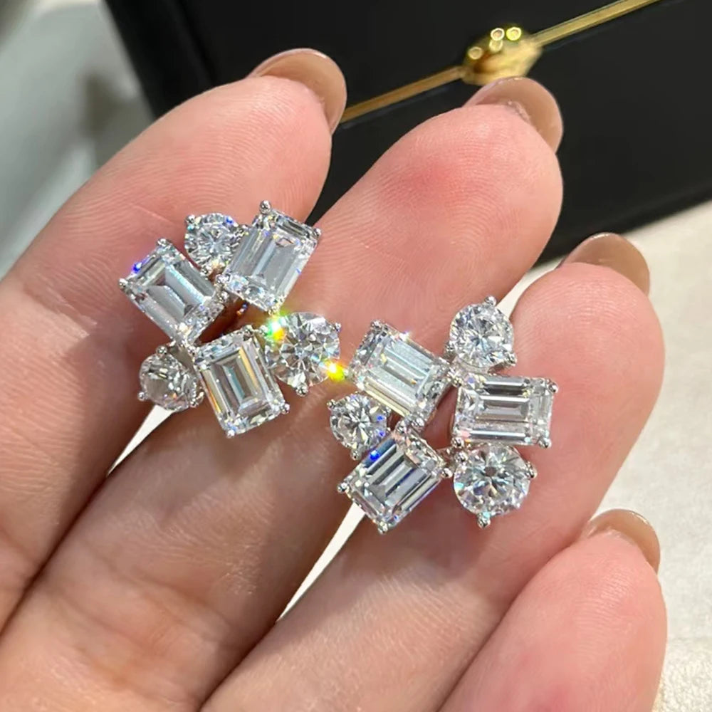 Emerald&Round Cut All Moissanite Hoop Earrings for Women S925 Silver Sparkling Multi Stone Diamond Stud Earrings Wedding Jewelry