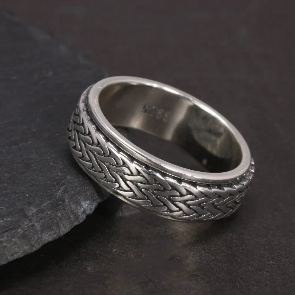 925 Sterling Silver Rotatable Rings For Men And Women Simple Hemp Rope Type Spinner Vintage Male Jewelry