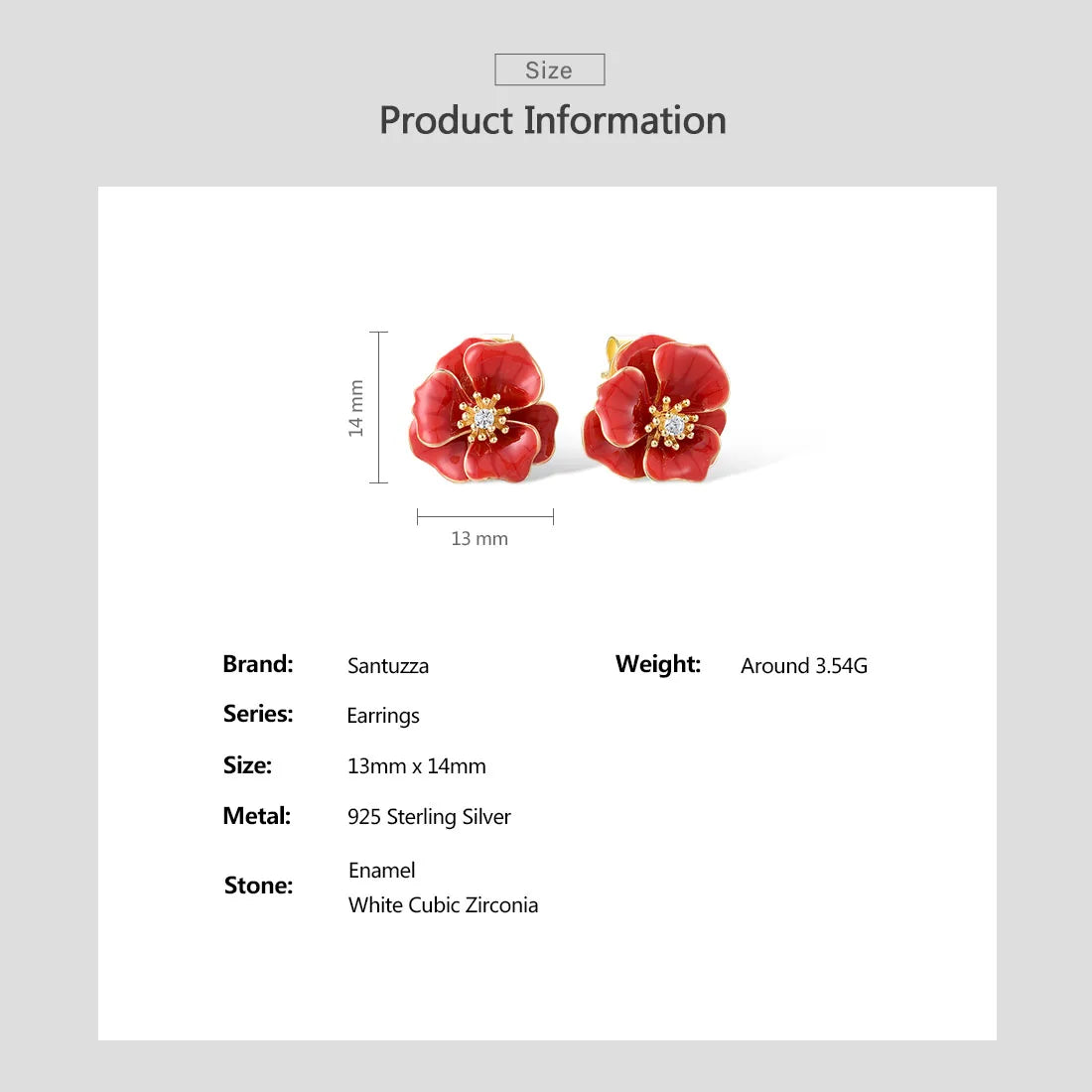 SANTUZZA Real 925 Sterling Silver Earrings For Women White CZ Red Enamel Blossom Flower Wedding Party Elegant Gift Fine Jewelry