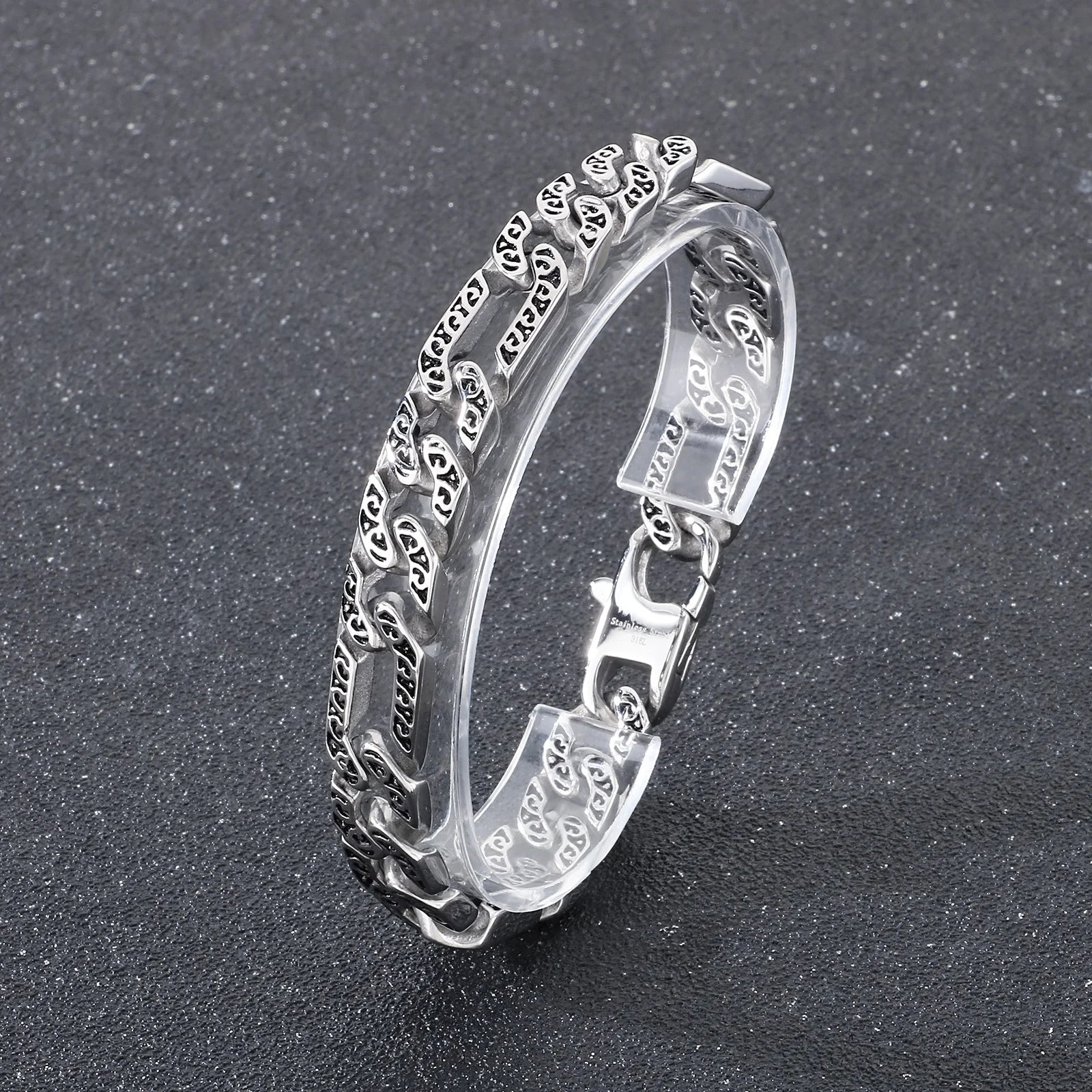 Fongten Tie Stainless Steel Men's Bracelet Mysterious Egyptian Pattern Hollow Chain Punk Rock Halloween Gift Fashion Jewelry
