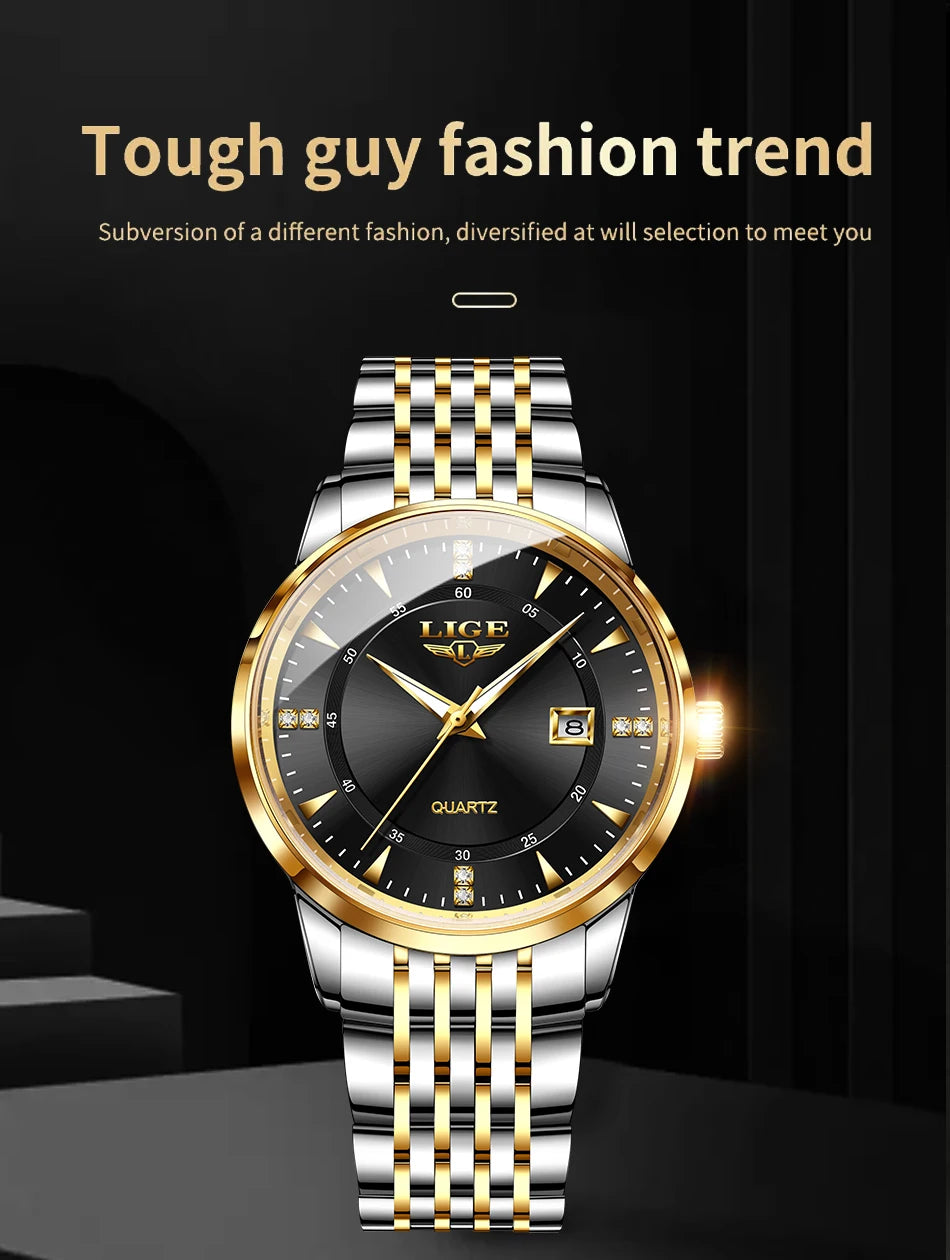 LIGE Luxury Quartz Wristwatches Mens Watch Stainless Steel Watches Luminous Date Waterproof Outdoor Diving Sports Watch reloj