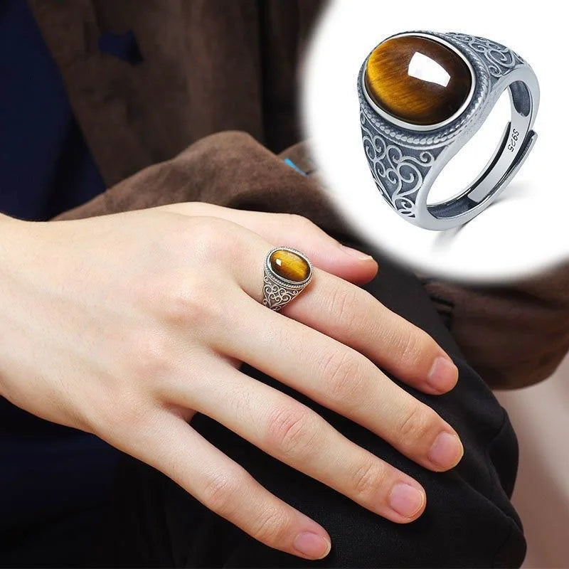925 Sterling Silver Vintage Natural Tiger's Eye Stone 10*14MM Retro Style Large Stone Finger Rings Fine Jewelry For Men