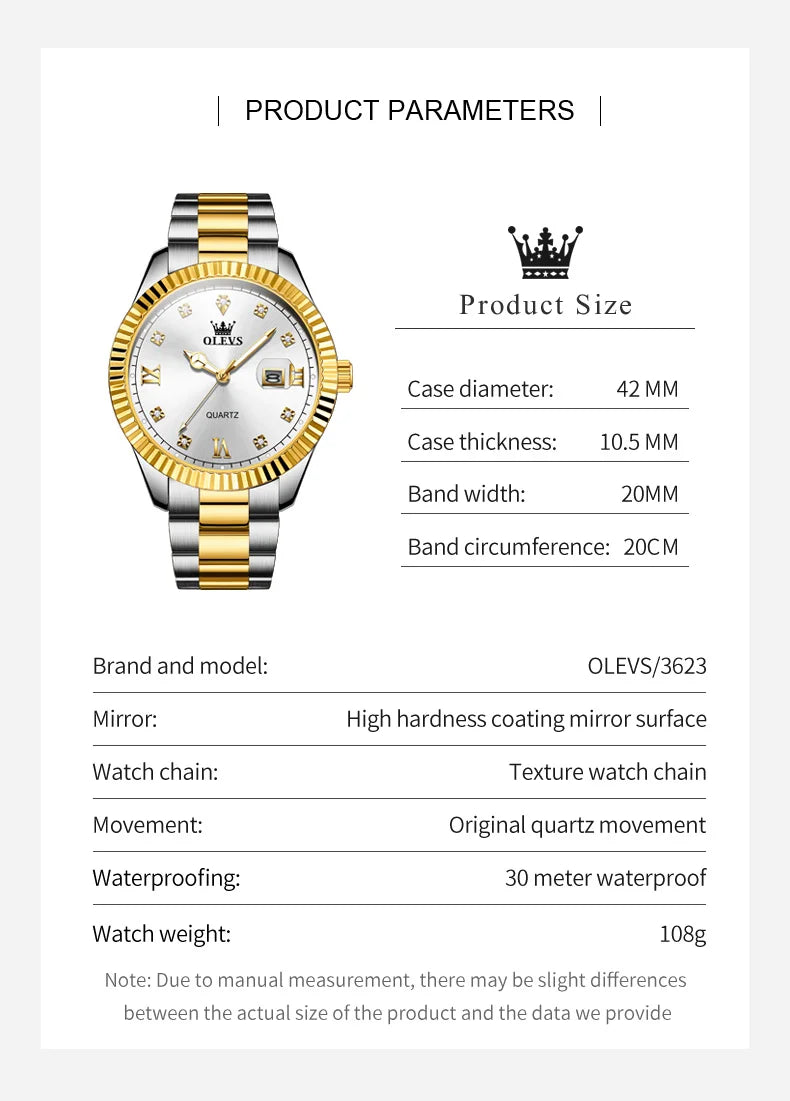 OLEVS 3623  Mens Watch Original Business Luxury Simple Brand Quartz Watch Waterproof Luminous Watch For Man Automatic Date Reloj