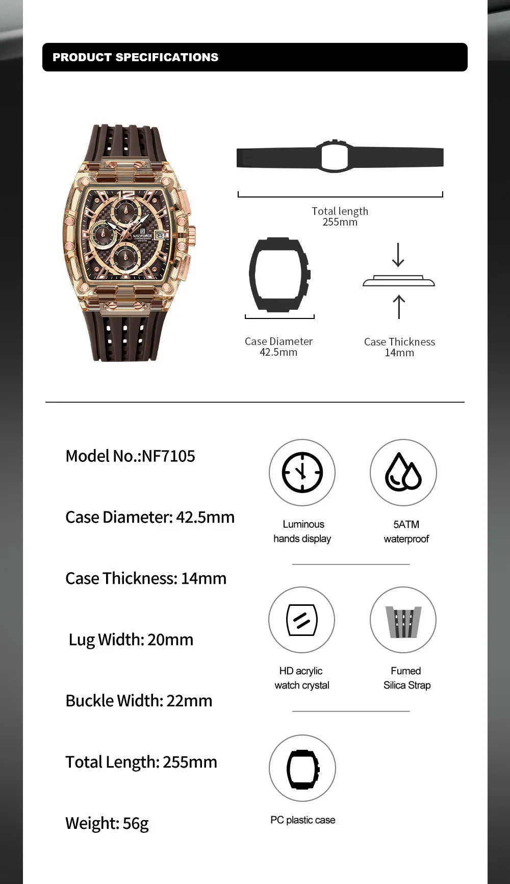 High Quality NAVIFORCE Watches for Man Silica Strap 50M Waterproof Sport Male Clock Casual Quartz Date Display Men's Chronograph