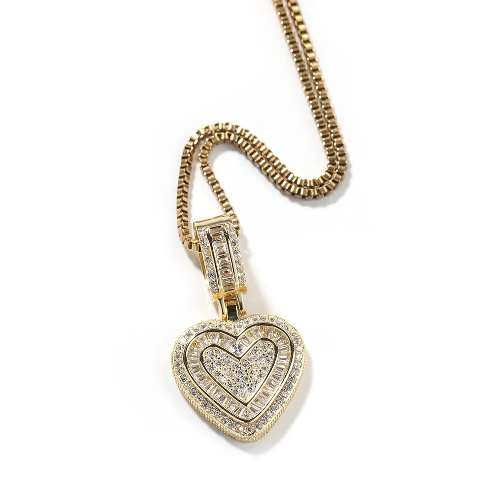 THE BLING KING Baguette CZ Small Heart Shaped Pendant Necklace For Women Iced Out 5A+ Cubic Zironia Lovely Jewelry Birthday Gift