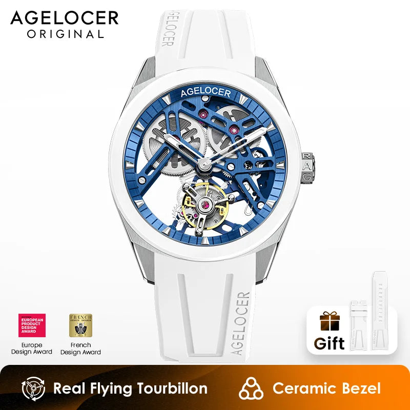 AGELOCER Original Tourbillon Watch Ceramic Bezel Men's Vogue Luxury Skeleton Manual Mechanical Watch Birthday Gift for Men