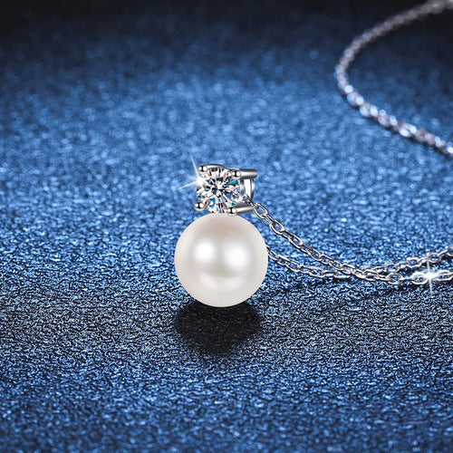 925 Sterling Silver Pearl Pendant Necklace D VVS1 Moissanite Crown Setting Pearl Charm Necklace For Women