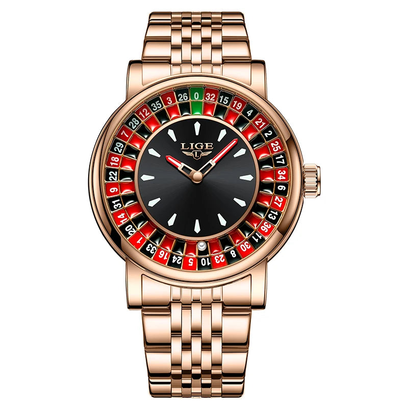 LIGE Fashion Brown Leather Men Watch Rotating Dial Las Vegas Roulette Desktop Theme Watch Men Waterproof Luminous Clock Watches