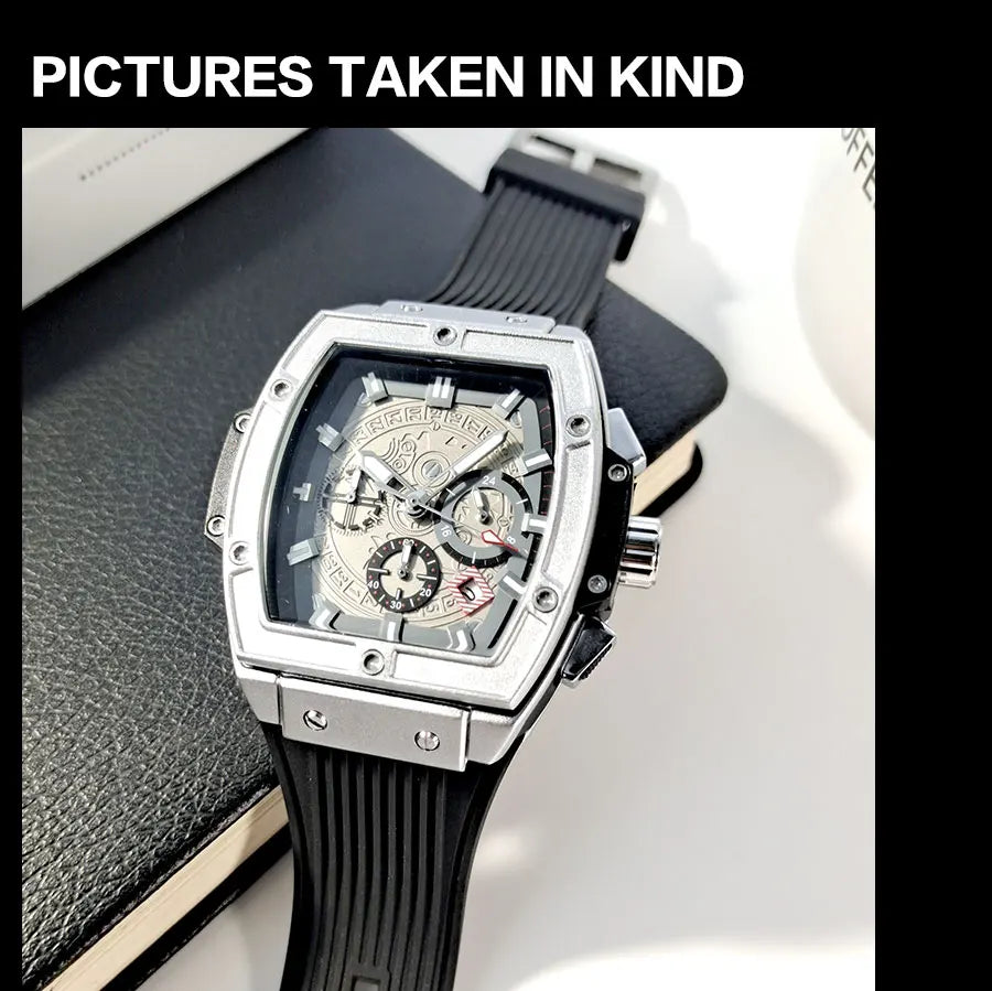 MEGIR & RUIMAS Watches for Men Fashion Military Sport Tonneau Chronograph Quartz Wristwatch with Date 24-hour 3atm Waterproof