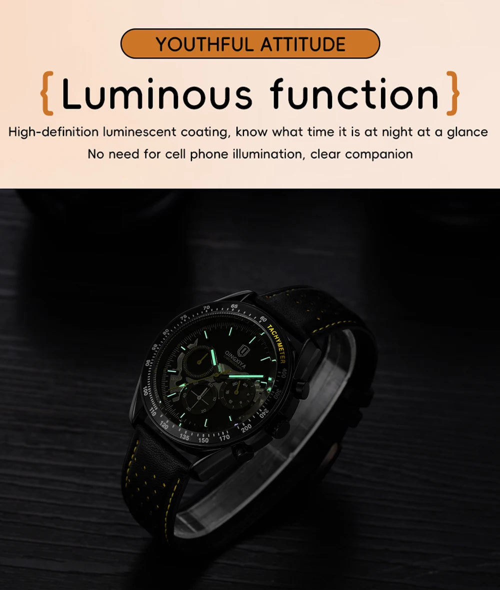 QINGXIYA Watch for Man Fashion Quartz Watch Leather Waterproof Luminous Skeleton Sport Chronograph Watches Mens Reloj Hombre