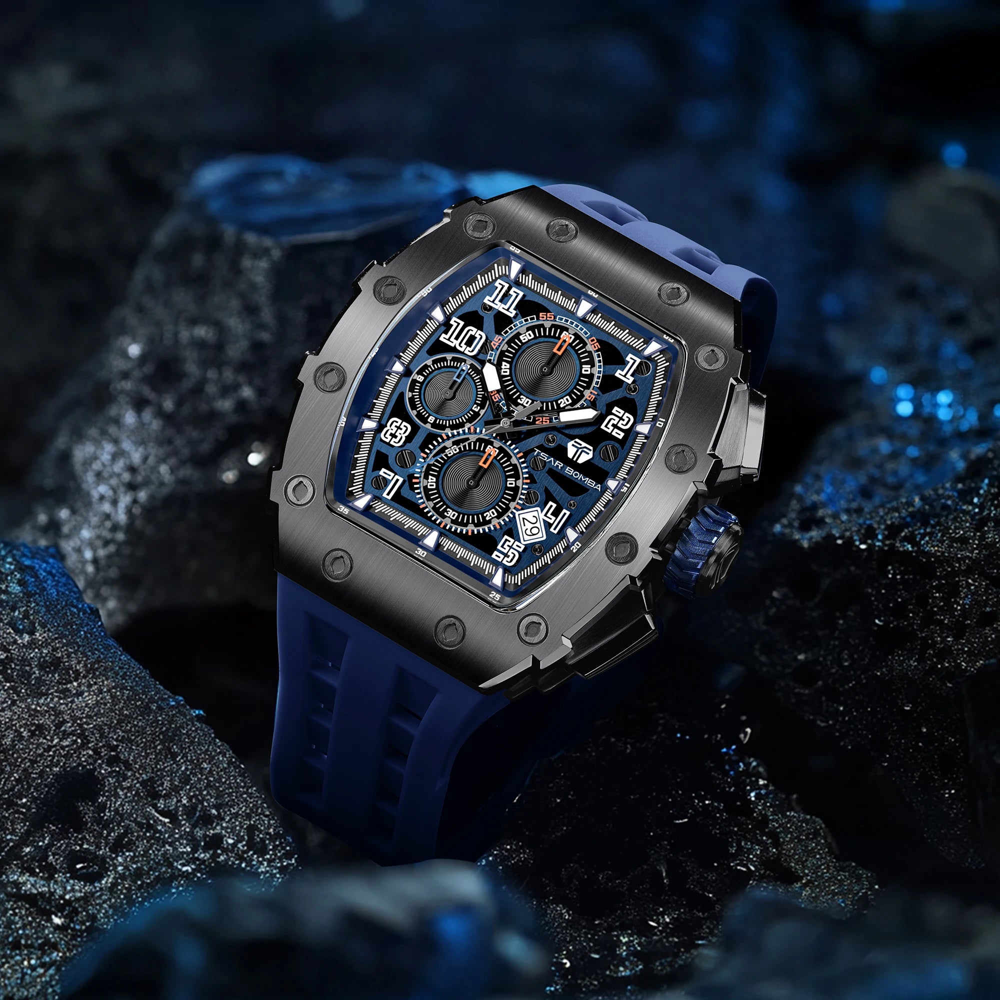 TSAR BOMBA Luxury Tonneau Quartz Watch for Men Japanese Movement, Stainless Steel Case,  Elegant Dress Wristwatch