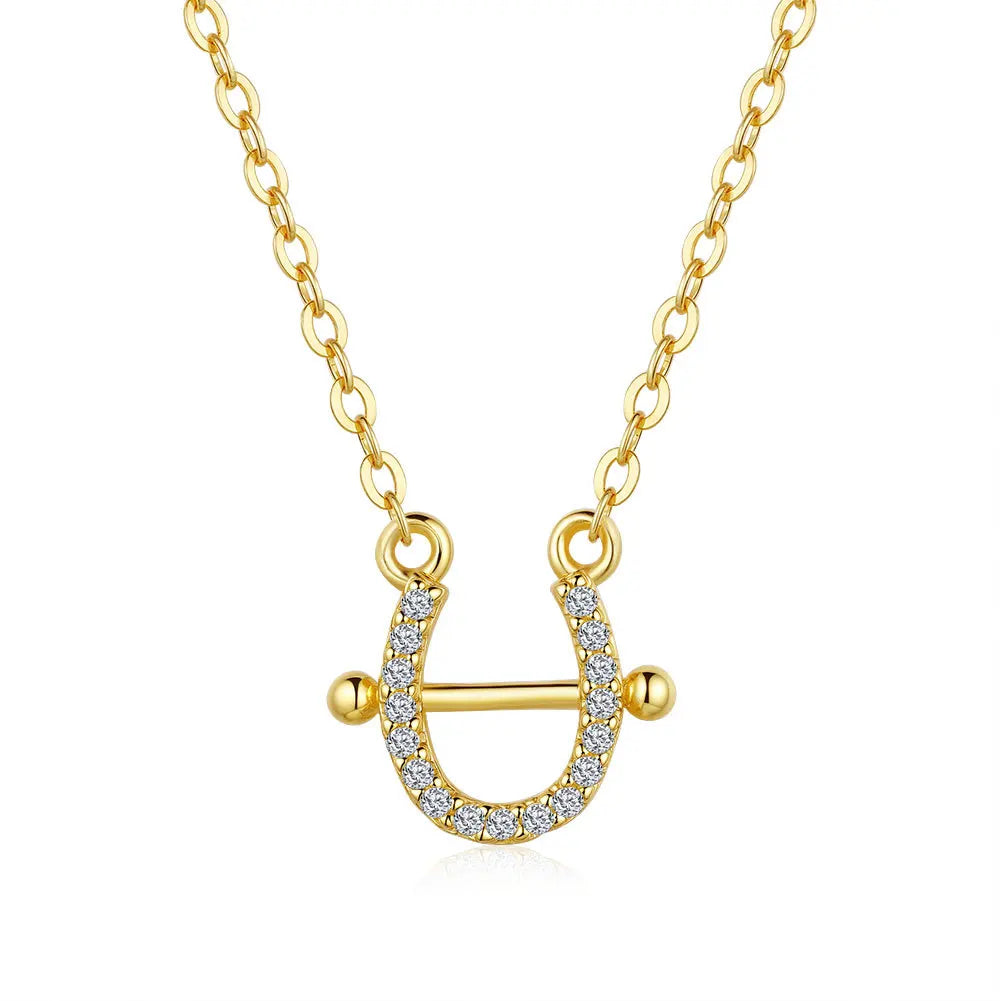 Luxury 100% Real 18k Gold Women's Horseshoe Diamond Pendant Collarbone Chain Full Set Moissanite Necklace