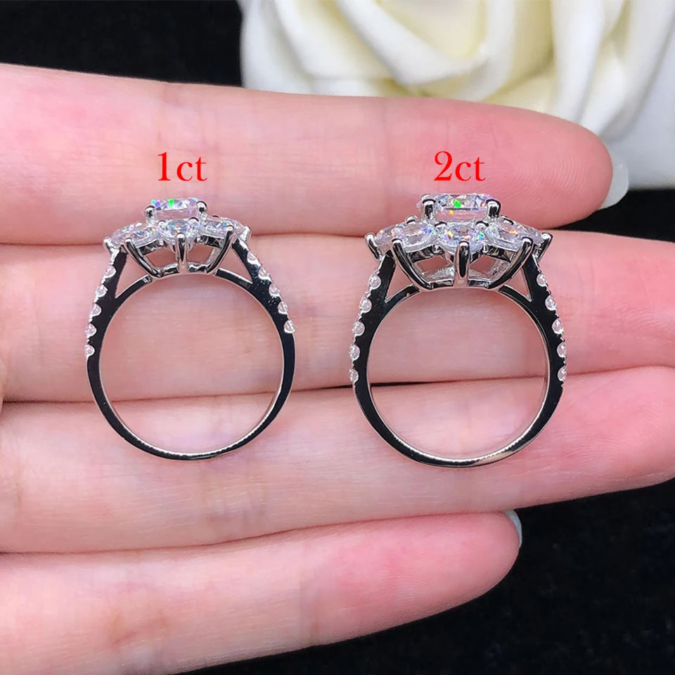 2 Carat Sunflower Real Moissanite Engagement Rings For Women 925 Sterling Silver 18K White Gold Plated Wedding Band with GRA