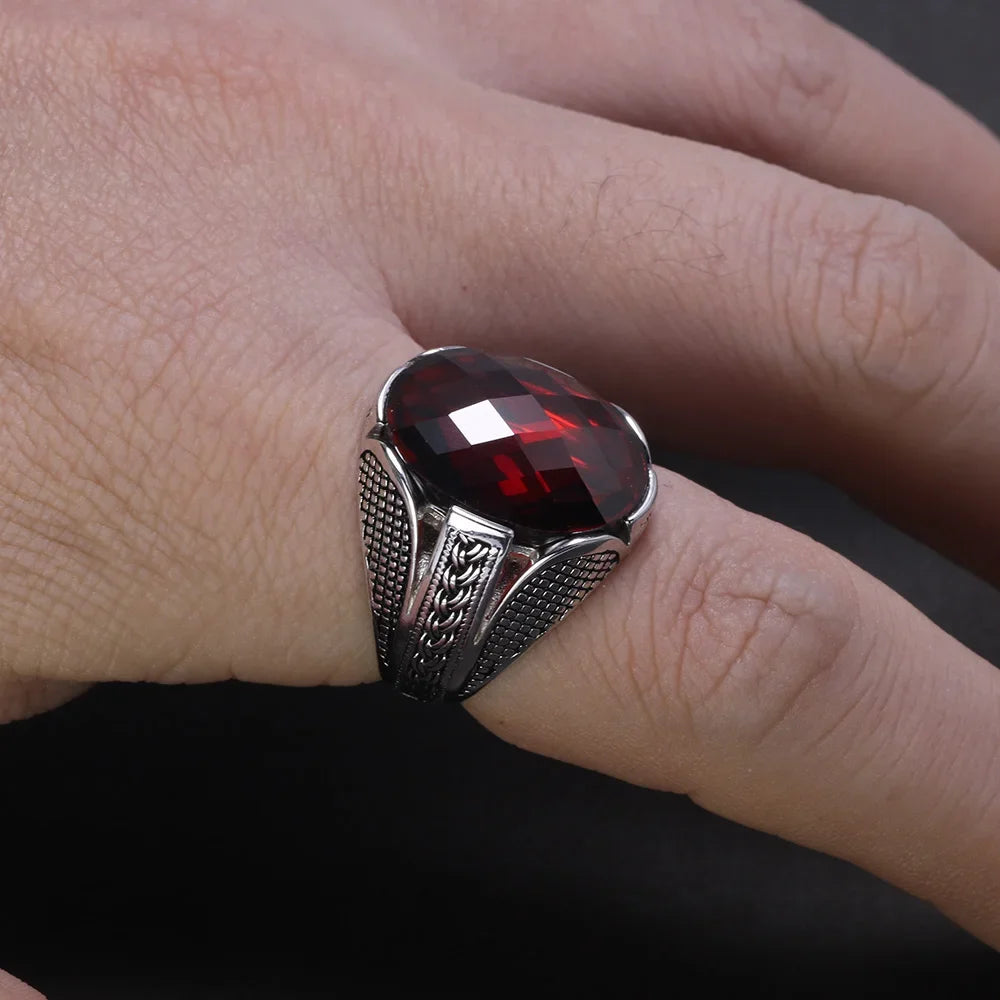 Real Pure 925 Sterling Silver Rings With Red Color Zircon Stone Faceted Wedding Rings For Men Vintage Turkish Jewelry