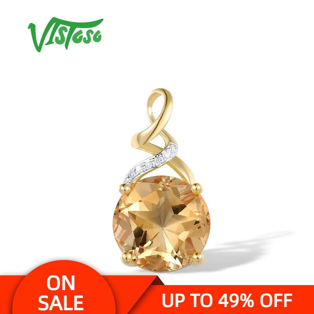 VISTOSO Genuine 14K 585 Yellow Gold Pendant For Women Sparkling Round Citrine Diamond Pendant Delicate Gorgeous Fine Jewelry