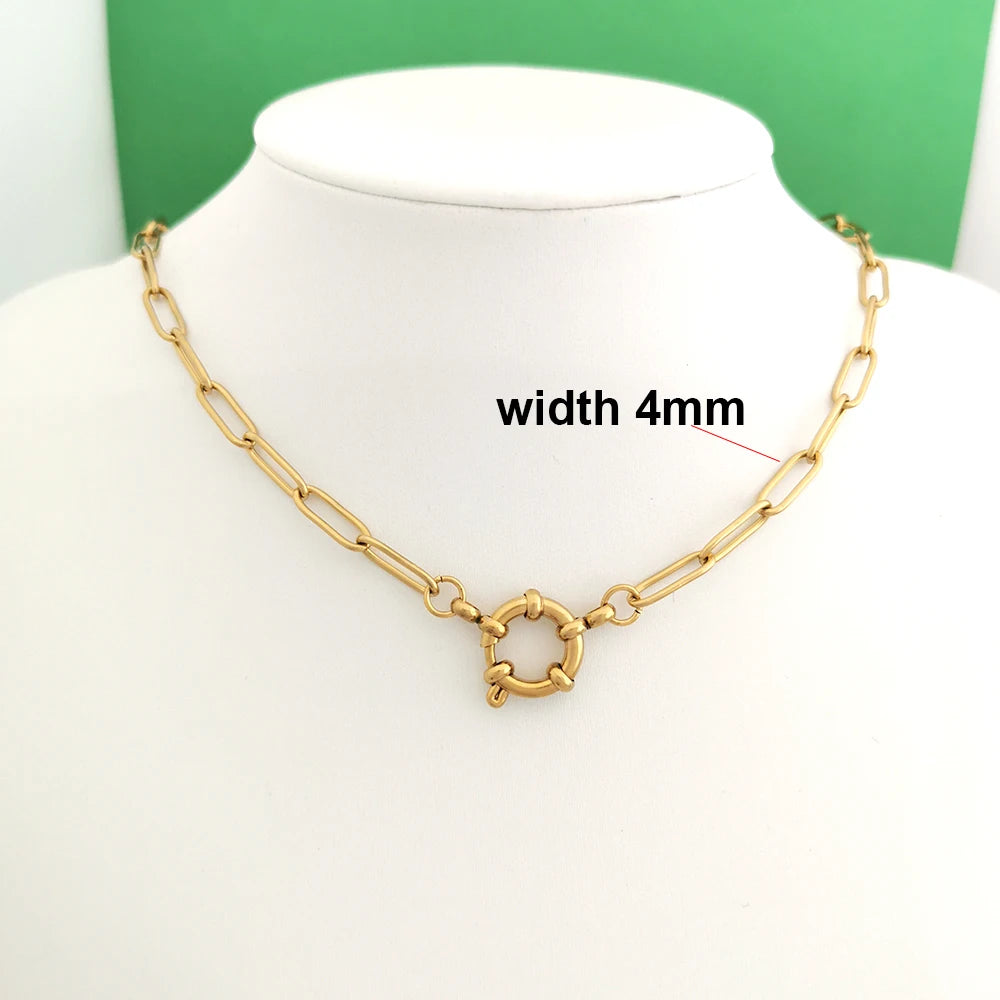 Spring Sailor Clasp Necklace Women Men Choker Stainless Steel Geometric Paperclip Link Chain Rolo PVD Gold Color Wholesale