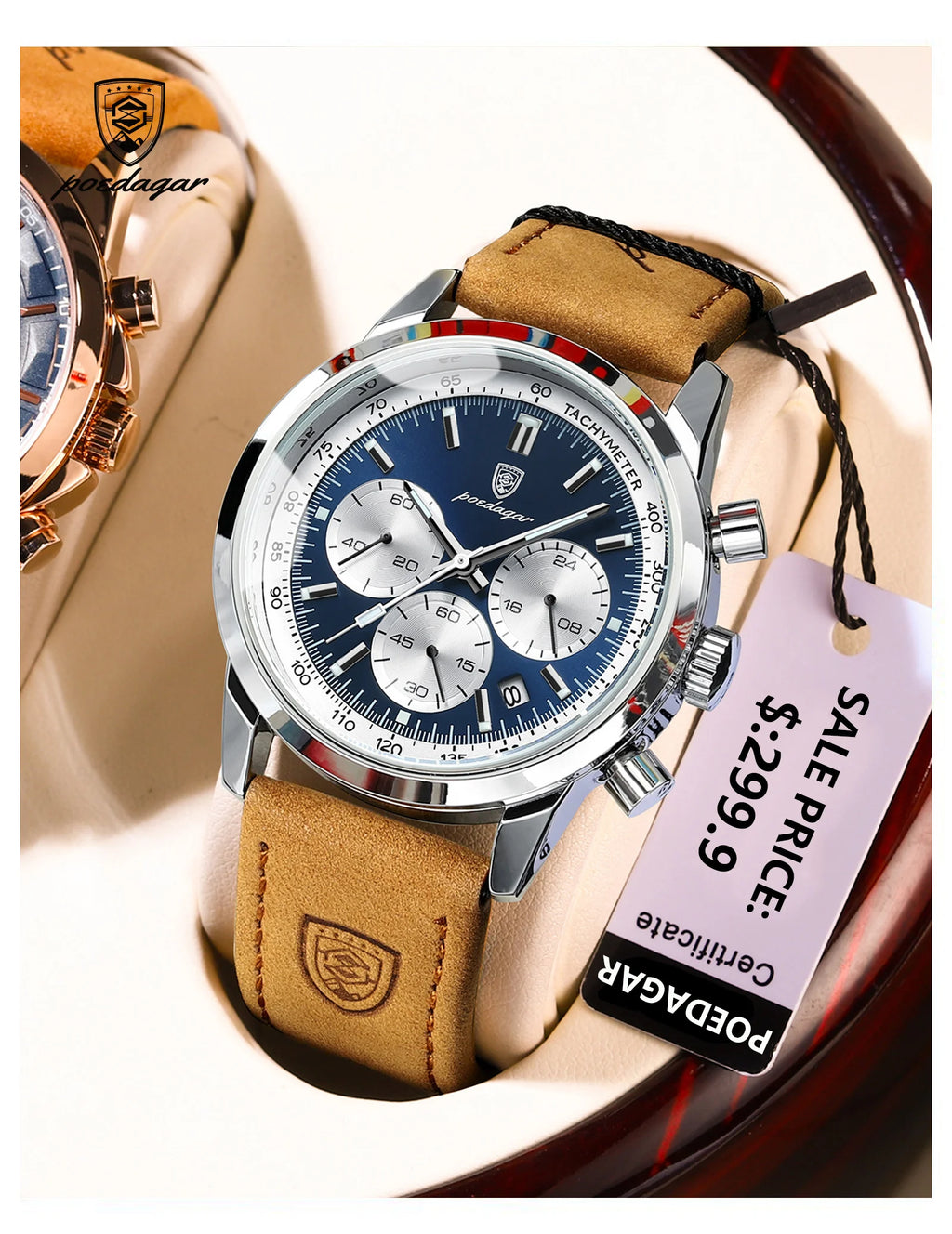 POEDAGAR Luxury Men's Quartz Wristwatch Chronograph Date Leather Man Watch Waterproof Luminous High Quality Fashion Men Watches