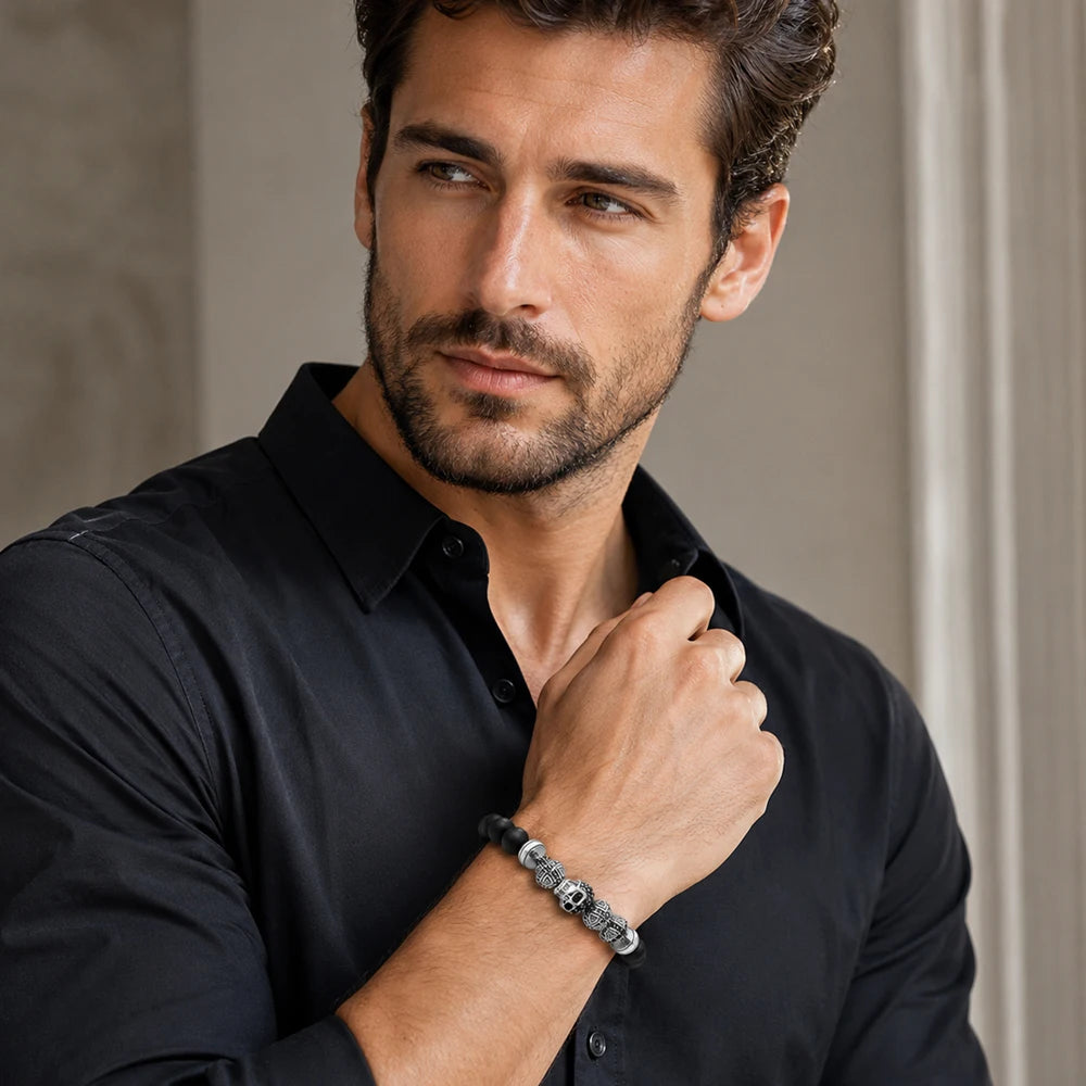 Skull Cross Bead Bracelet,Europe Style Rebel Fashion Punk Jewelry For Men And Women 925 Sterling Silver Obsidian Gift