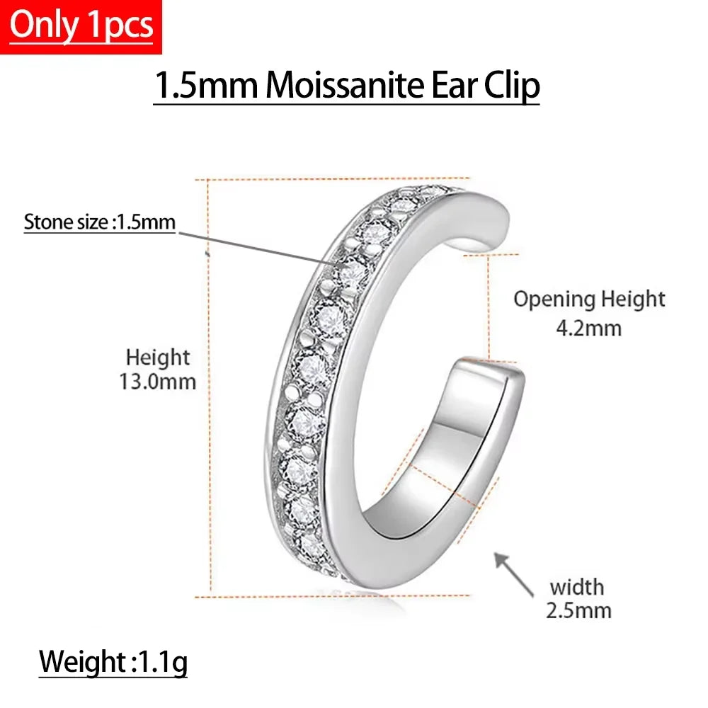 Serenity All D Moissanite Earrings for Women Men S925 Sterling Silver Lab Diamond Ear Clip Plated 18K No hole to wear Girl Gift