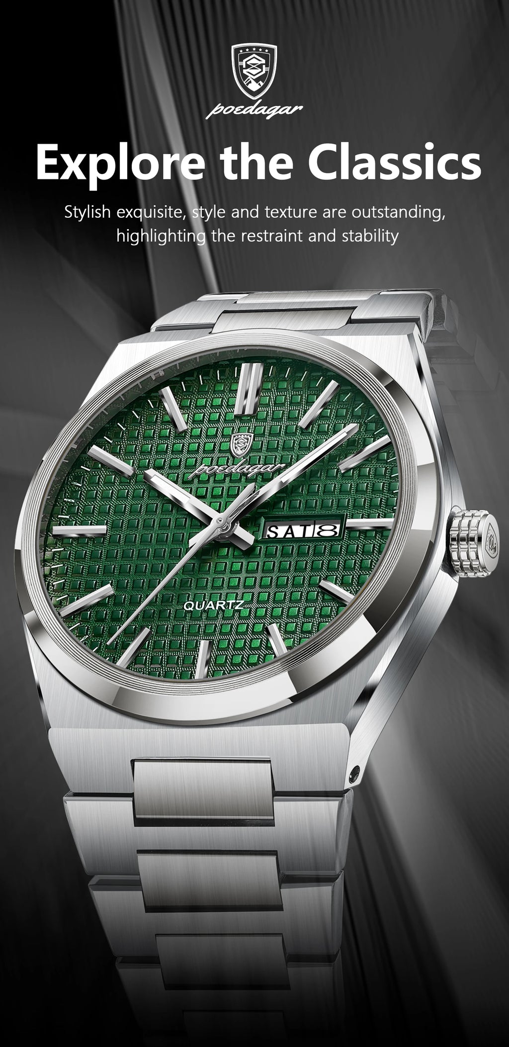 POEDAGAR Top Original Quartz Men Clock Waterproof Luminous Stainless Steel Man Wristwatch Date Week Business Men's Watches Reloj