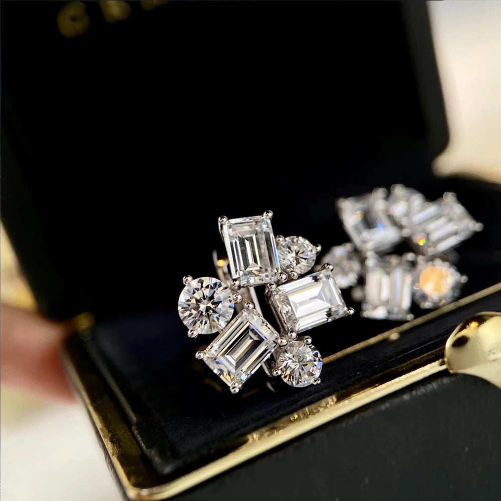 Emerald&Round Cut All Moissanite Hoop Earrings for Women S925 Silver Sparkling Multi Stone Diamond Stud Earrings Wedding Jewelry