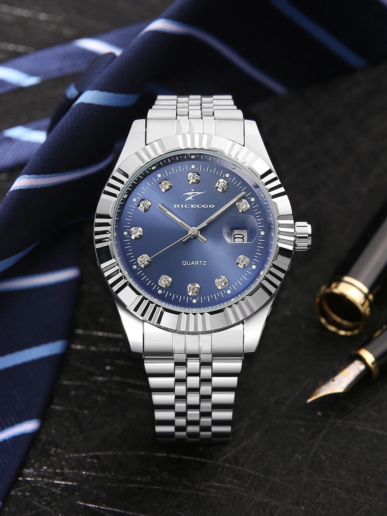 Business men's quartz wristwatch calendar display with diamonds showcases unique taste, making it the perfect gift for him
