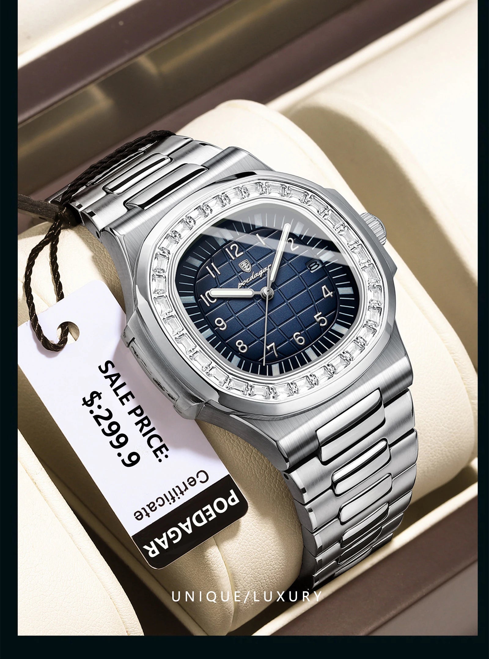 POEDAGAR Luxury Square Watches for Men Waterproof Luminous Date Man Wristwatch Stainless Steel Fashion Men's Quartz Watch Reloj