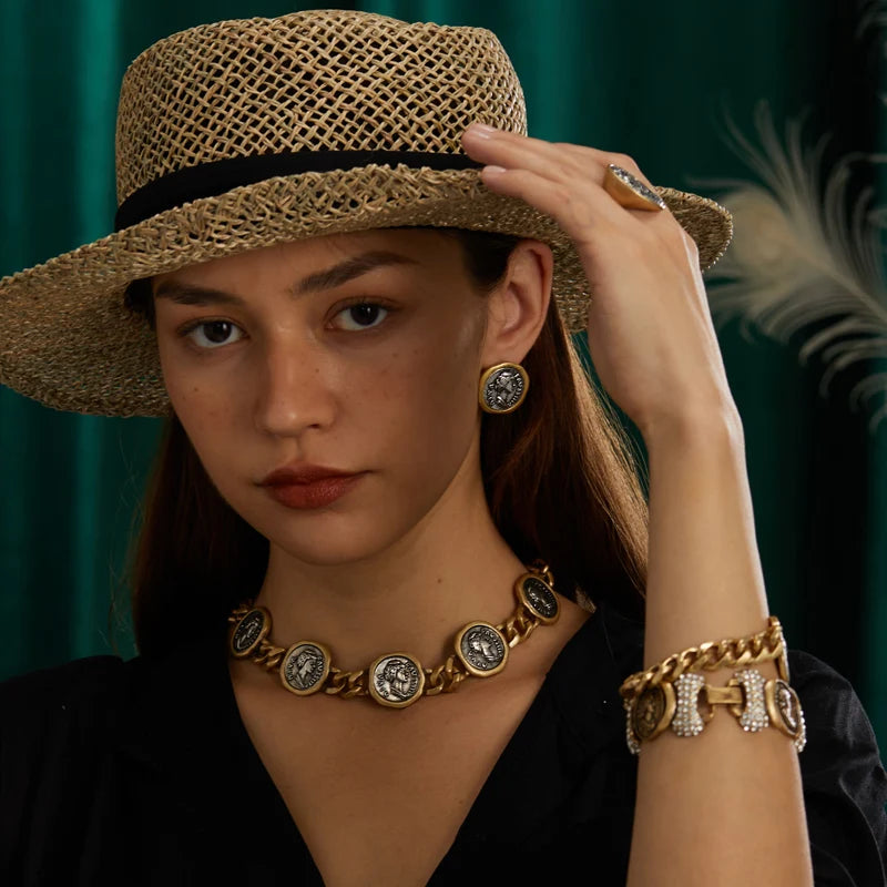 Ancient Coins Bracelets Woman Vintage Portrait Carving Bangles Jewelry Luxury Designer Accessories Gold Color Mother Day Gift