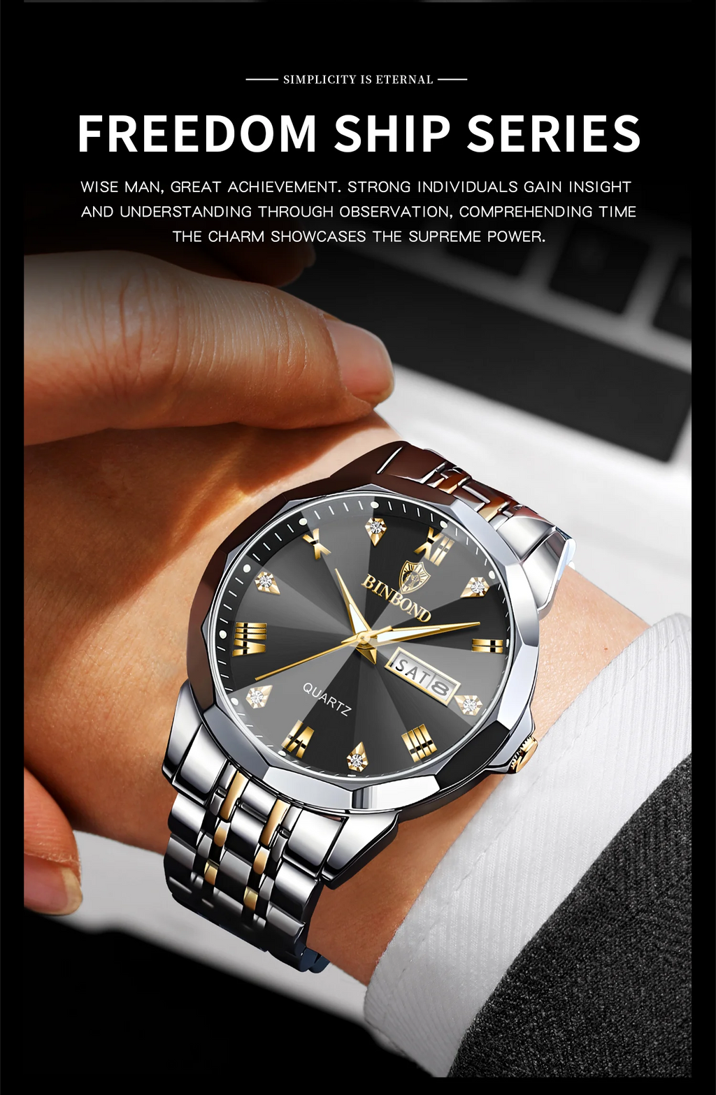 BINBOND Taper Glass Luxury Quartz Wristwatches For Men Luminous Waterproof Precise Durable men's Watch Stainless Steel Reloj