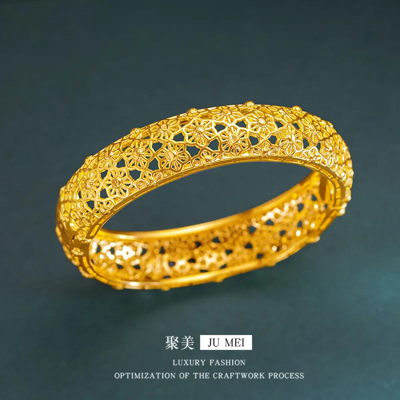 Luxury 24K 9999 Pure Gold real gold Women's buckle openwork flower bracelet