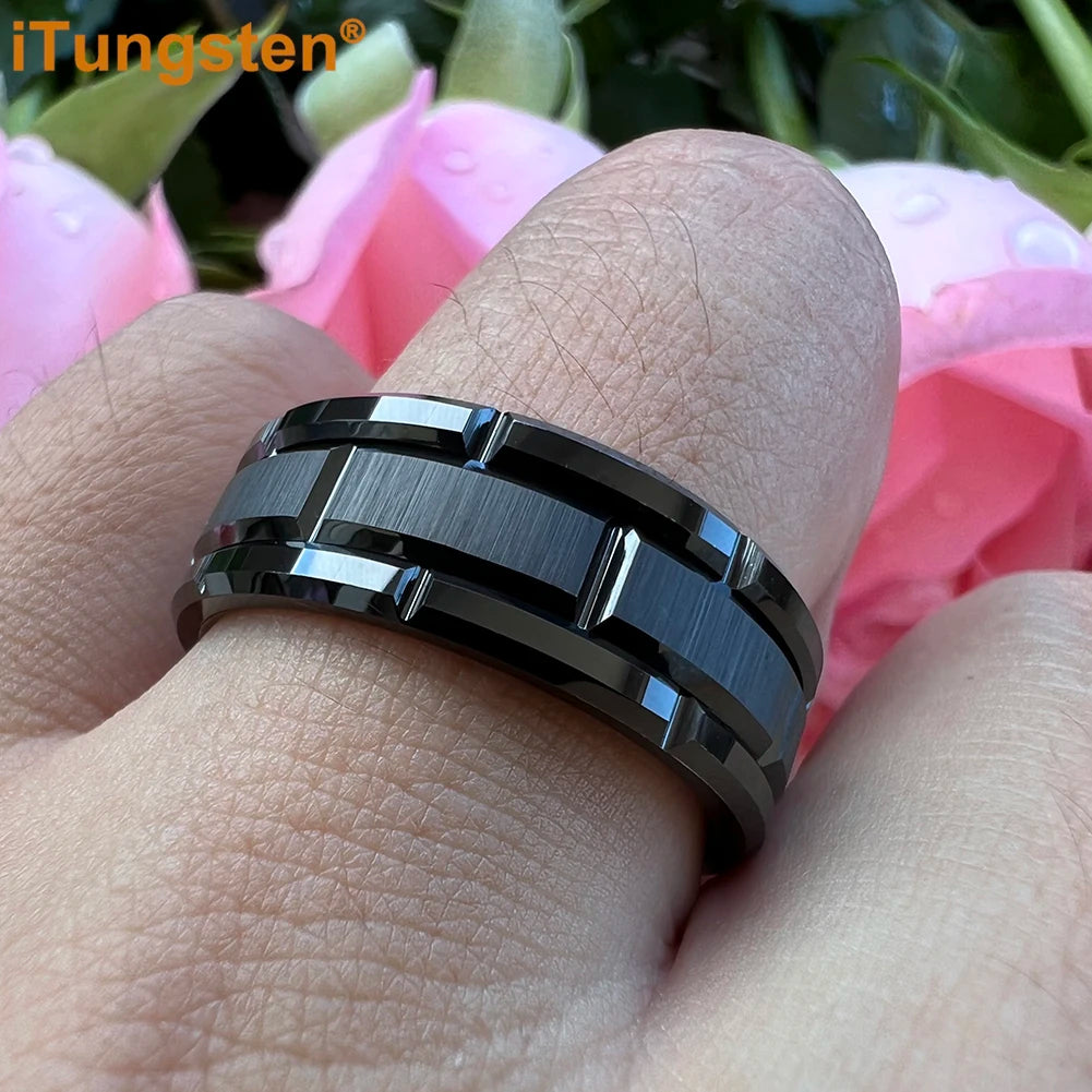 iTungsten 8mm Mens Tungsten Wedding Ring Brick Pattern Black Plated Brushed Finish Engagement Band Comfort Fit