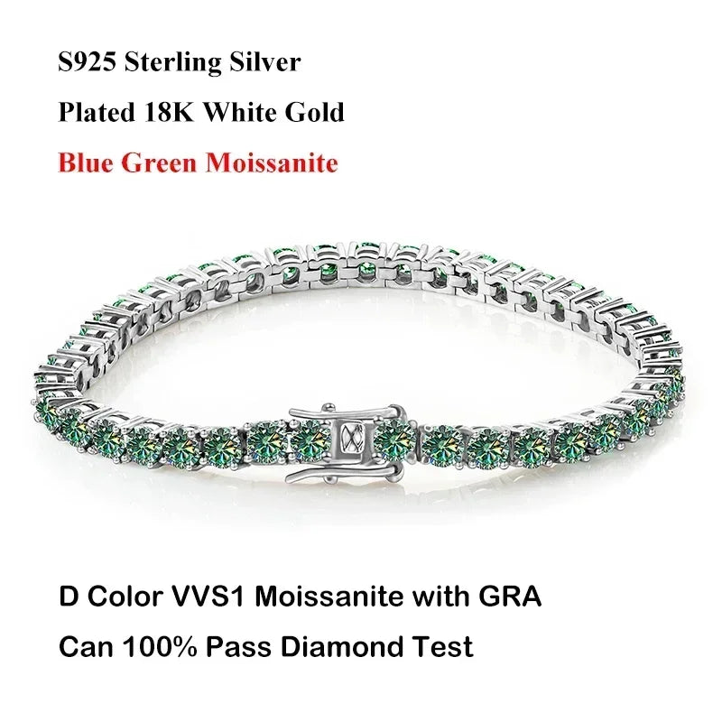 EWYA Luxury Real 3/4/5/6.5MM Full Champagne Blue Green Moissanite Tennis Bracelet for Men Women S925 All Red Diamond Bracelets