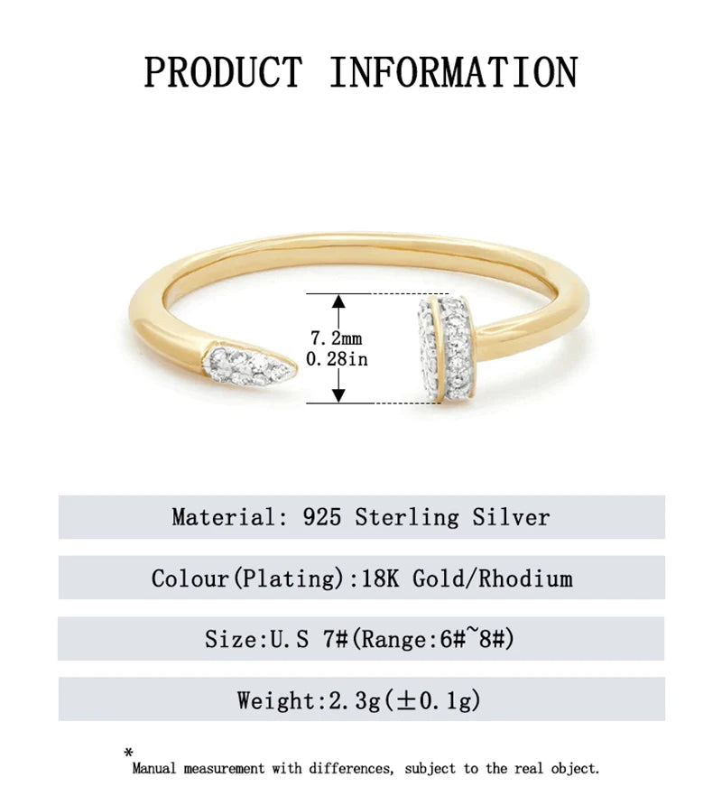 925 Sterling Silver Original Certificate Zircon Nail Open Cuff Ring For Women Fine Jewelry Gold Plated