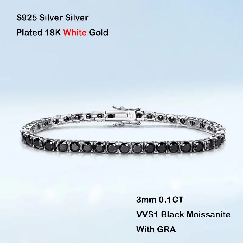 EWYA GRA Certified 3mm 0.1CT Gradient Color Black Grey White Moissanite Tennis Bracelet for Men Woman 925 Silver Link Bracelets