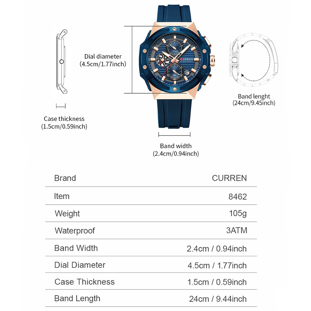 CURREN Classic Brand Men's Wristwatches Casual Business Quartz Silicone Watches with Luminous Hands Chronograph Dial